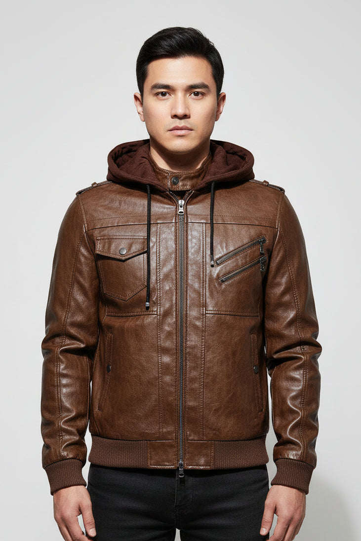 Jaqueta de Couro Masculina Premium com Capuz Removível