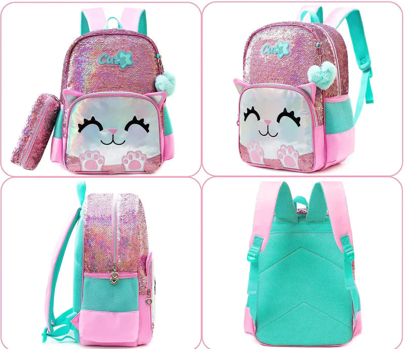 Kit Escolar 4 Peças para Meninas: Mochila, Lancheira, Estojo e Chaveiro