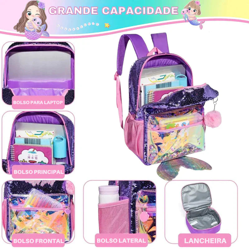 Kit Escolar 4 Peças para Meninas: Mochila, Lancheira, Estojo e Chaveiro