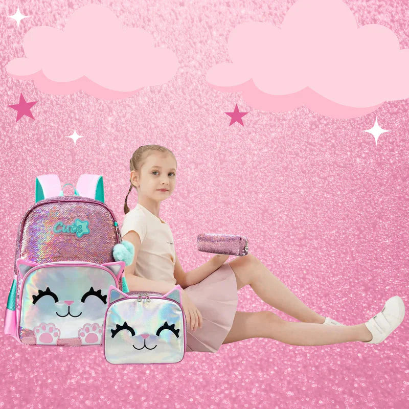 Kit Escolar 4 Peças para Meninas: Mochila, Lancheira, Estojo e Chaveiro