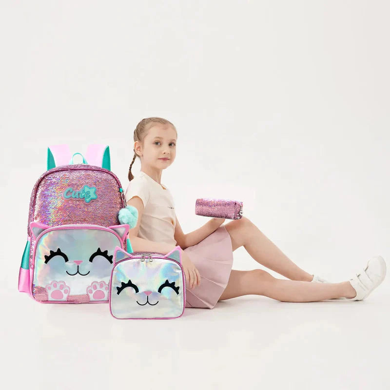 Kit Escolar 4 Peças para Meninas: Mochila, Lancheira, Estojo e Chaveiro