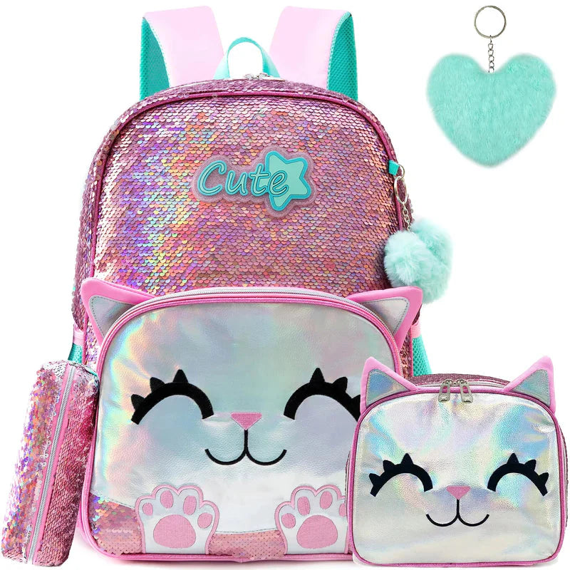Kit Escolar 4 Peças para Meninas: Mochila, Lancheira, Estojo e Chaveiro