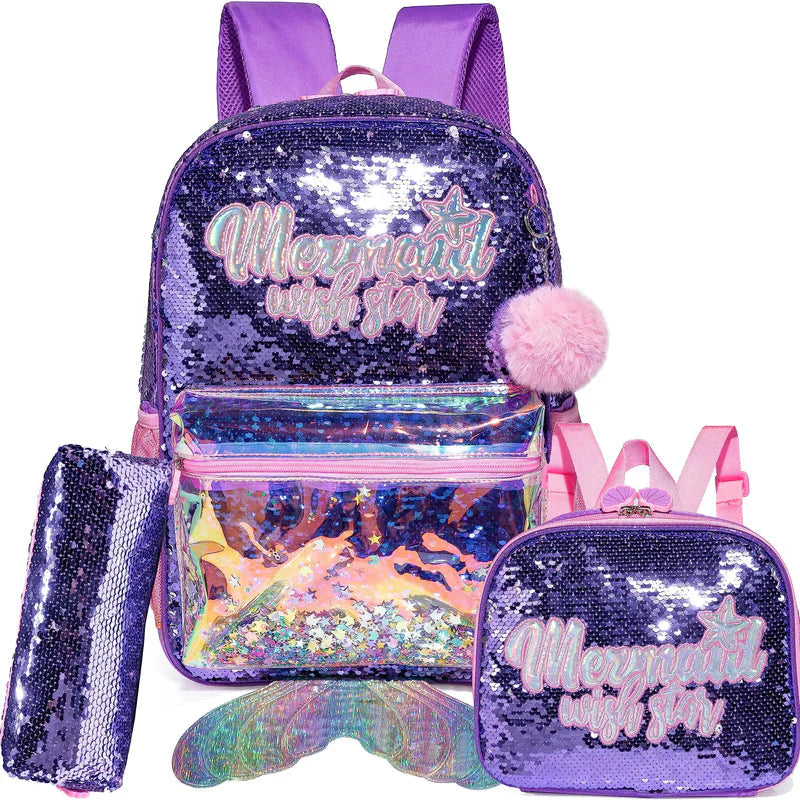 Kit Escolar 4 Peças para Meninas: Mochila, Lancheira, Estojo e Chaveiro